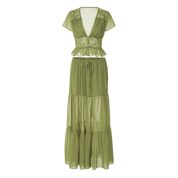Rachel two-piece set with a maxi skirt and lace-trimmed top