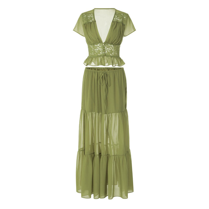 Rachel two-piece set with a maxi skirt and lace-trimmed top