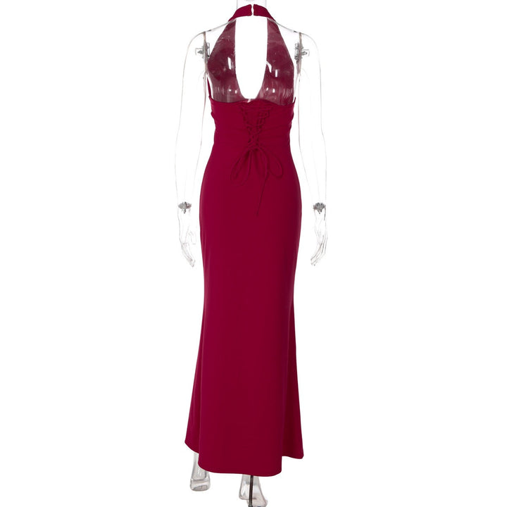 MARINA maxi dress with a ruched bust, neck closure, and open back