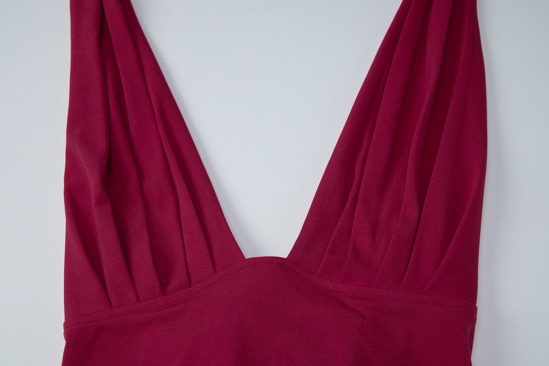 MARINA maxi dress with a ruched bust, neck closure, and open back