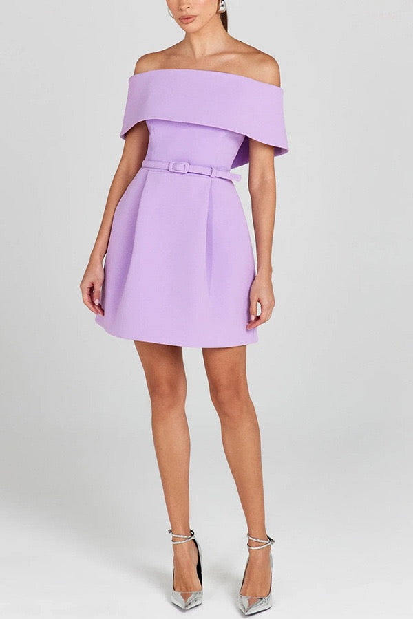 Off-the-shoulder A-line mini dress with belt and pockets - Frances