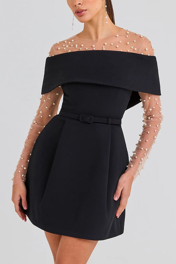 Off-the-shoulder A-line mini dress with belt and pockets - Frances