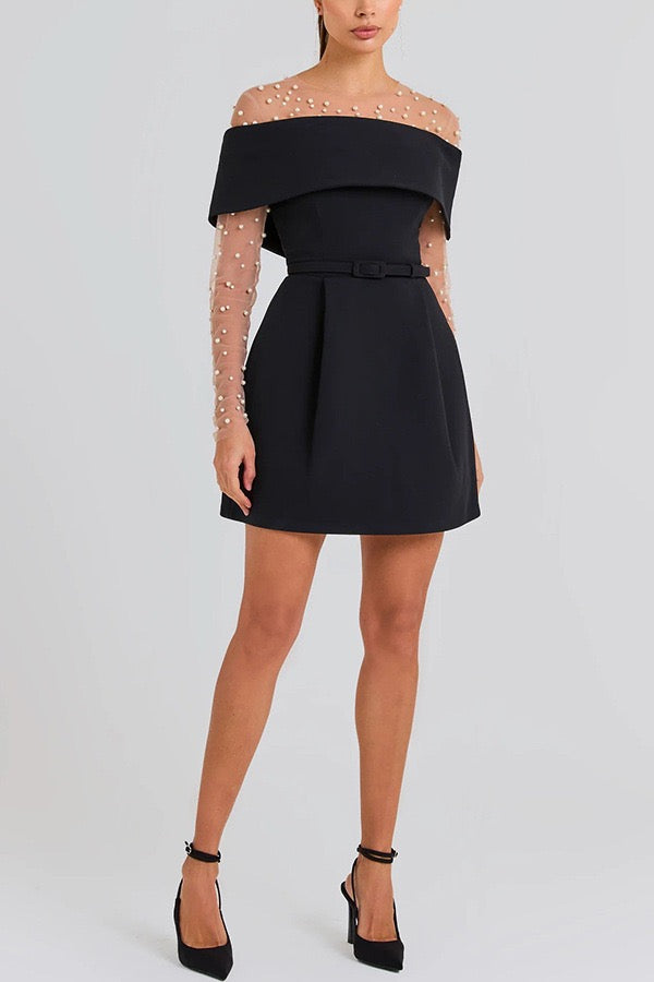 Off-the-shoulder A-line mini dress with belt and pockets - Frances