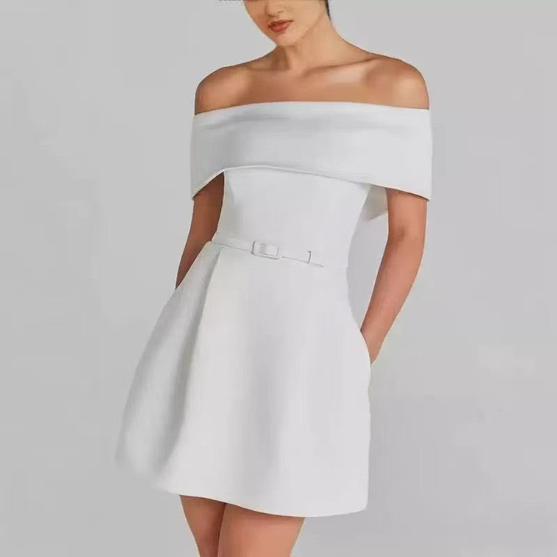 Off-the-shoulder A-line mini dress with belt and pockets - Frances