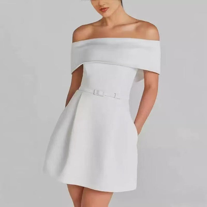 Off-the-shoulder A-line mini dress with belt and pockets - Frances