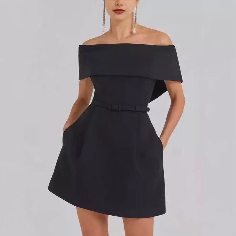 Off-the-shoulder A-line mini dress with belt and pockets - Frances