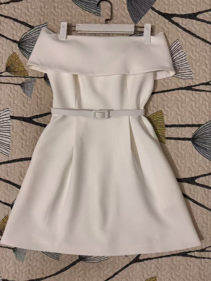 Off-the-shoulder A-line mini dress with belt and pockets - Frances