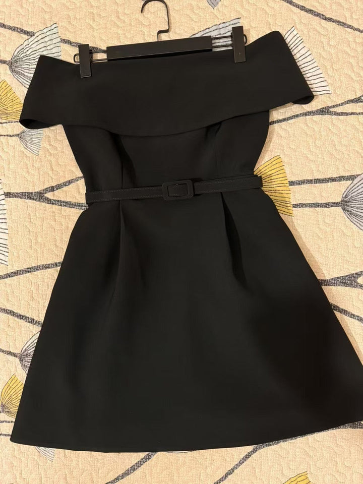 Off-the-shoulder A-line mini dress with belt and pockets - Frances