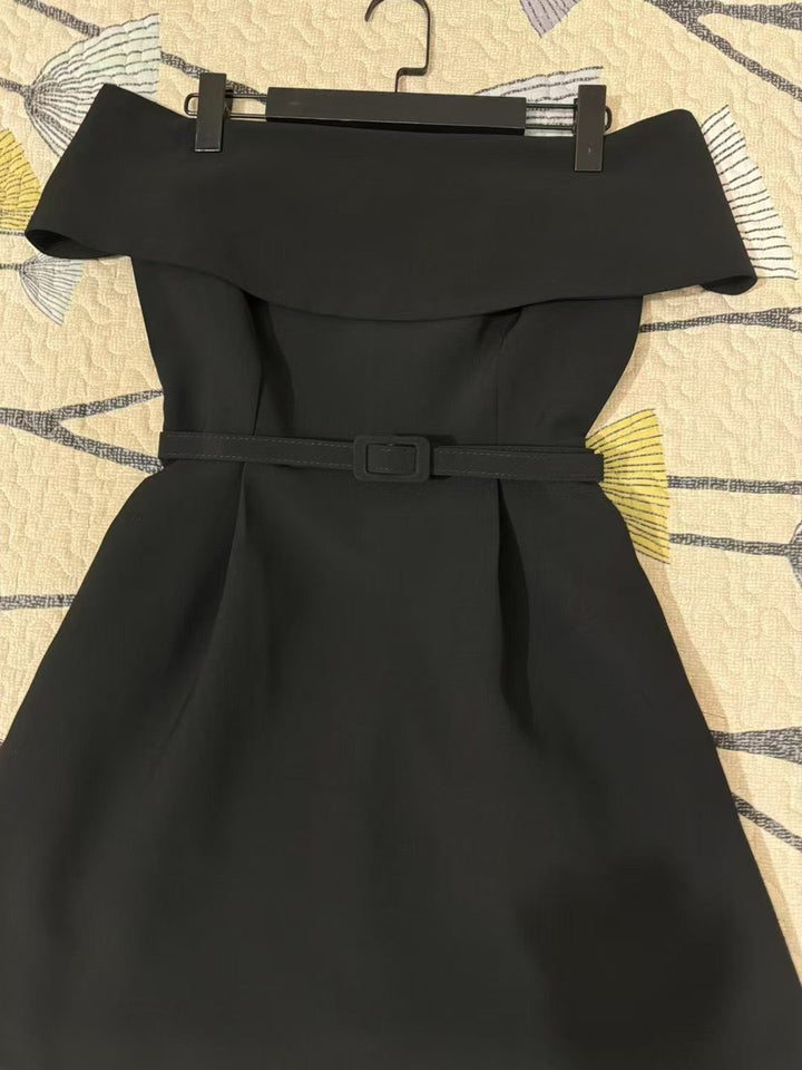 Off-the-shoulder A-line mini dress with belt and pockets - Frances