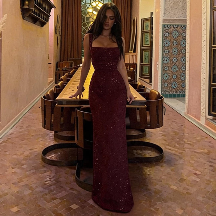 Lilianna sequin maxi dress with a back tie and waist-cinching design