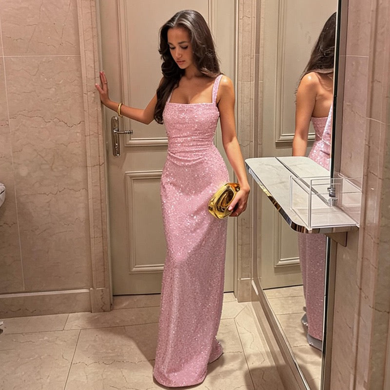 Lilianna sequin maxi dress with a back tie and waist-cinching design