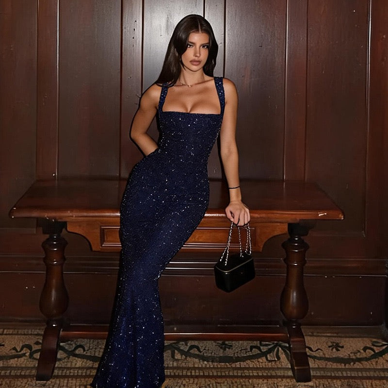 Lilianna sequin maxi dress with a back tie and waist-cinching design