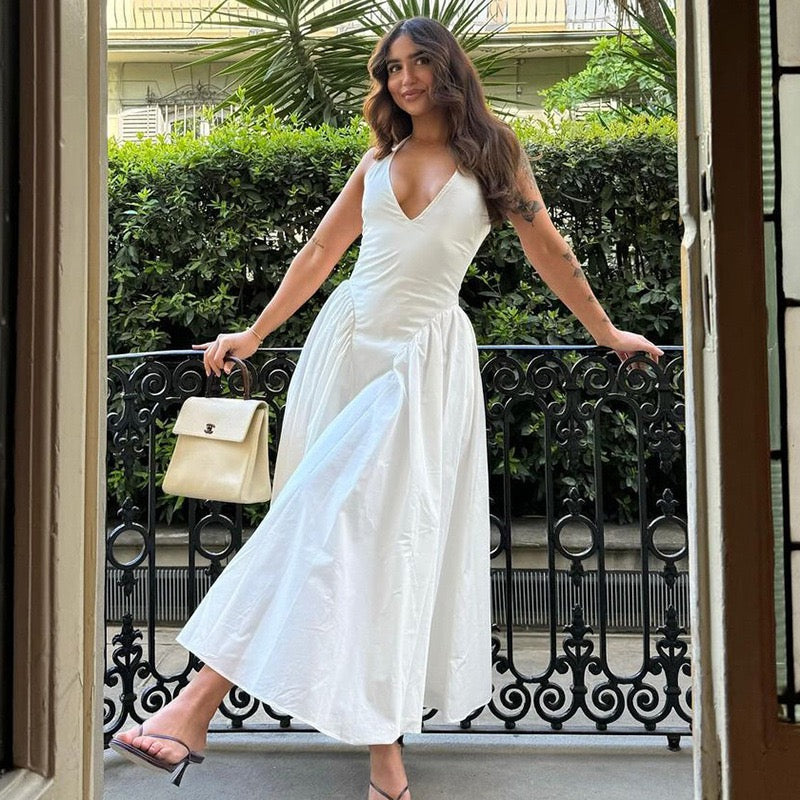 AMALIYA A-line maxi dress with a neck tie and open back
