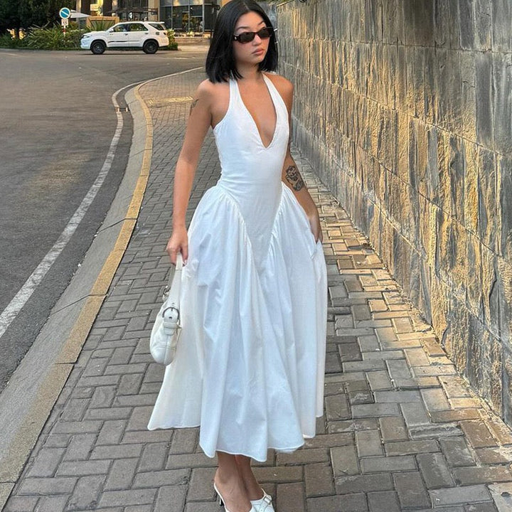 AMALIYA A-line maxi dress with a neck tie and open back