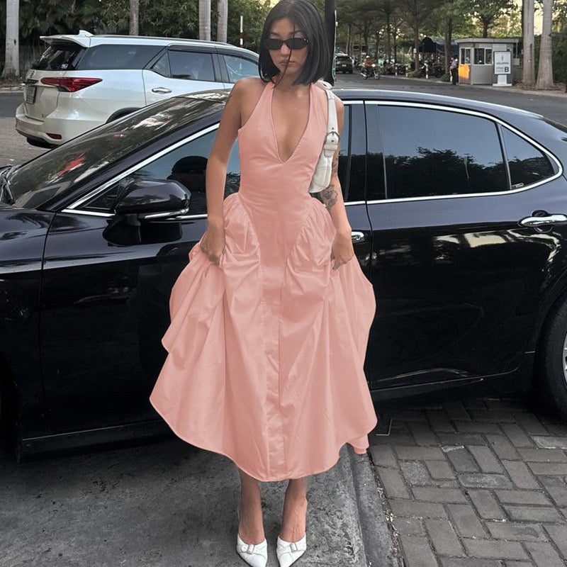 AMALIYA A-line maxi dress with a neck tie and open back