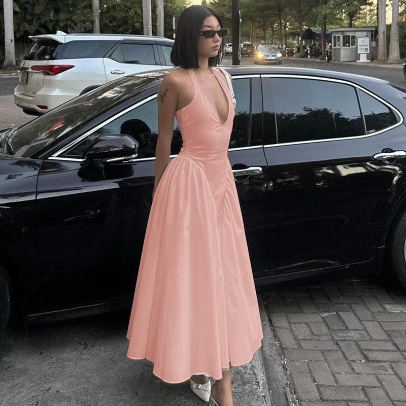 AMALIYA A-line maxi dress with a neck tie and open back
