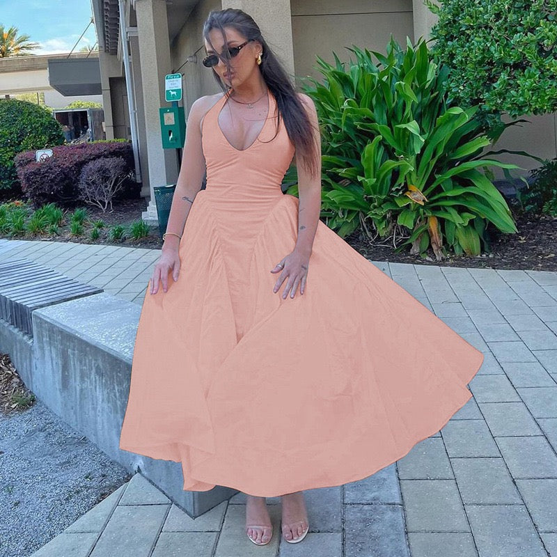 AMALIYA A-line maxi dress with a neck tie and open back