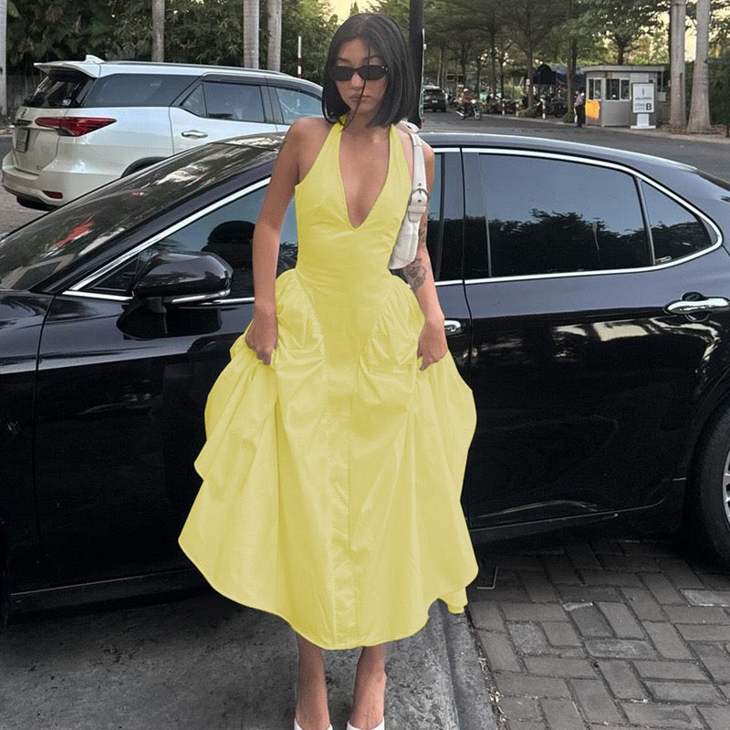 AMALIYA A-line maxi dress with a neck tie and open back
