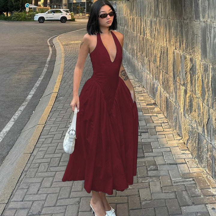 AMALIYA A-line maxi dress with a neck tie and open back