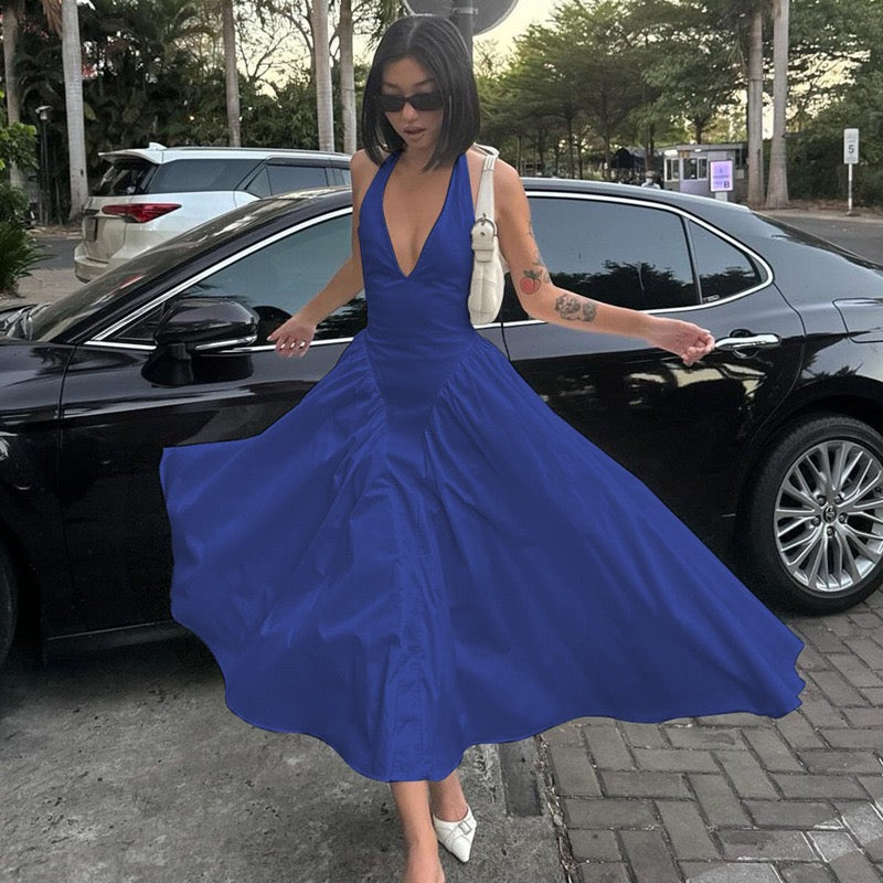 AMALIYA A-line maxi dress with a neck tie and open back