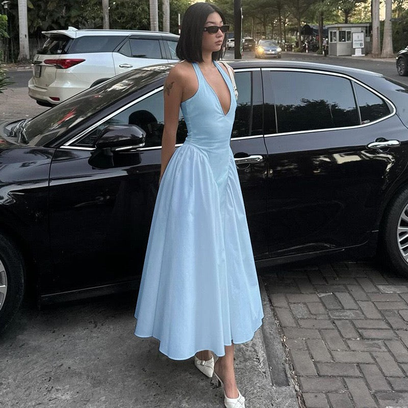 AMALIYA A-line maxi dress with a neck tie and open back
