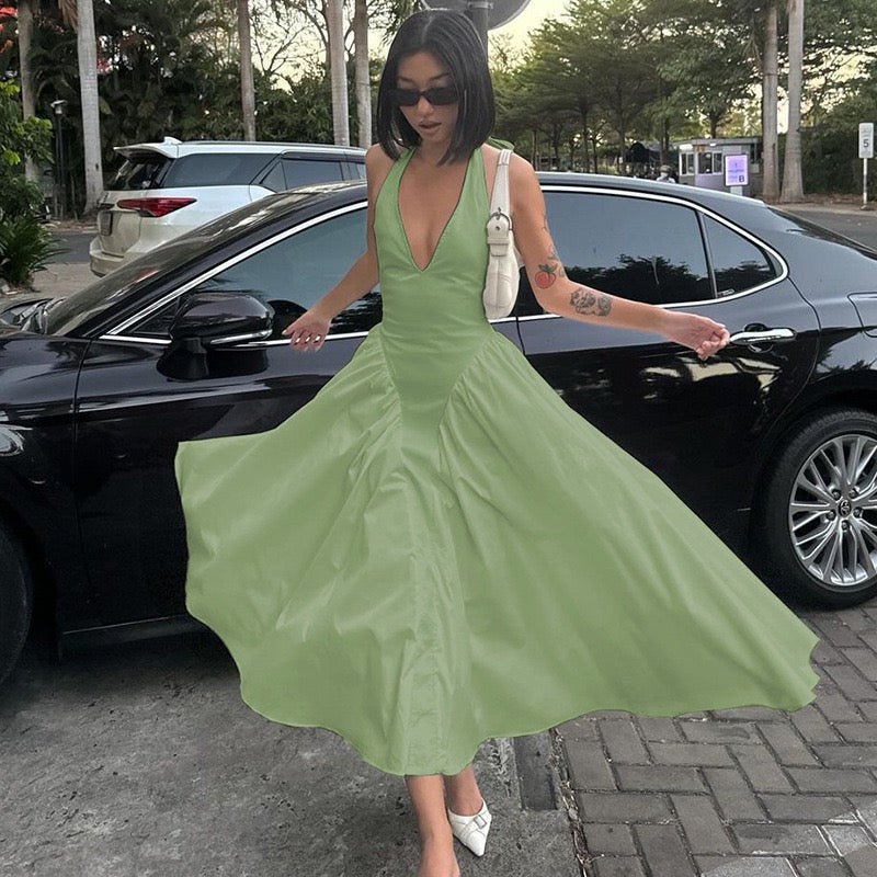 AMALIYA A-line maxi dress with a neck tie and open back