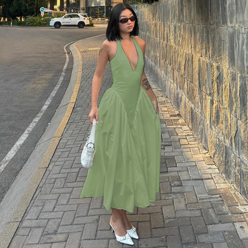 AMALIYA A-line maxi dress with a neck tie and open back