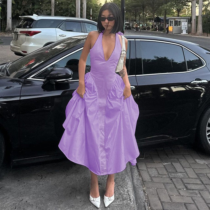 AMALIYA A-line maxi dress with a neck tie and open back