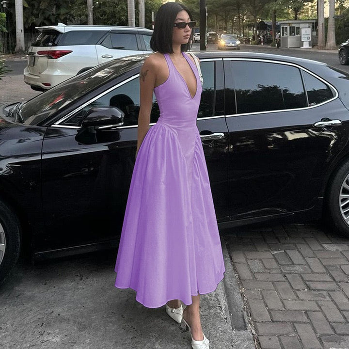 AMALIYA A-line maxi dress with a neck tie and open back