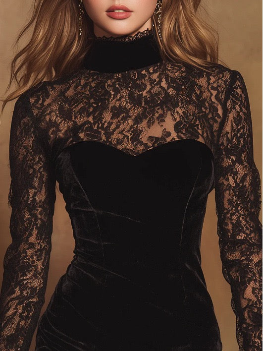 Velvet mini dress with turtleneck and lace design - Elva