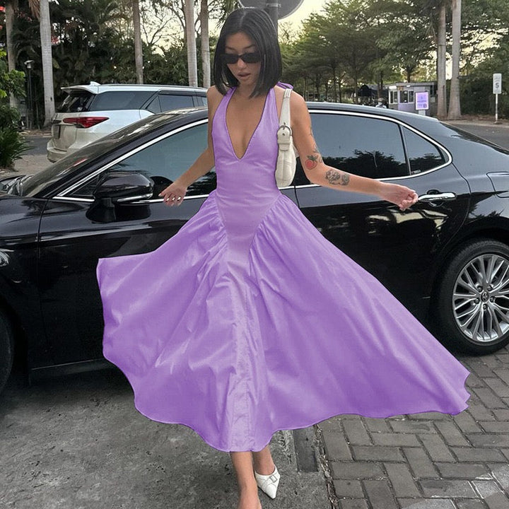 AMALIYA A-line maxi dress with a neck tie and open back