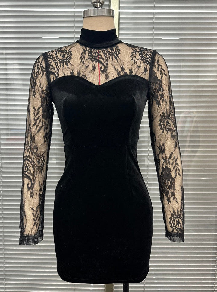 Velvet mini dress with turtleneck and lace design - Elva