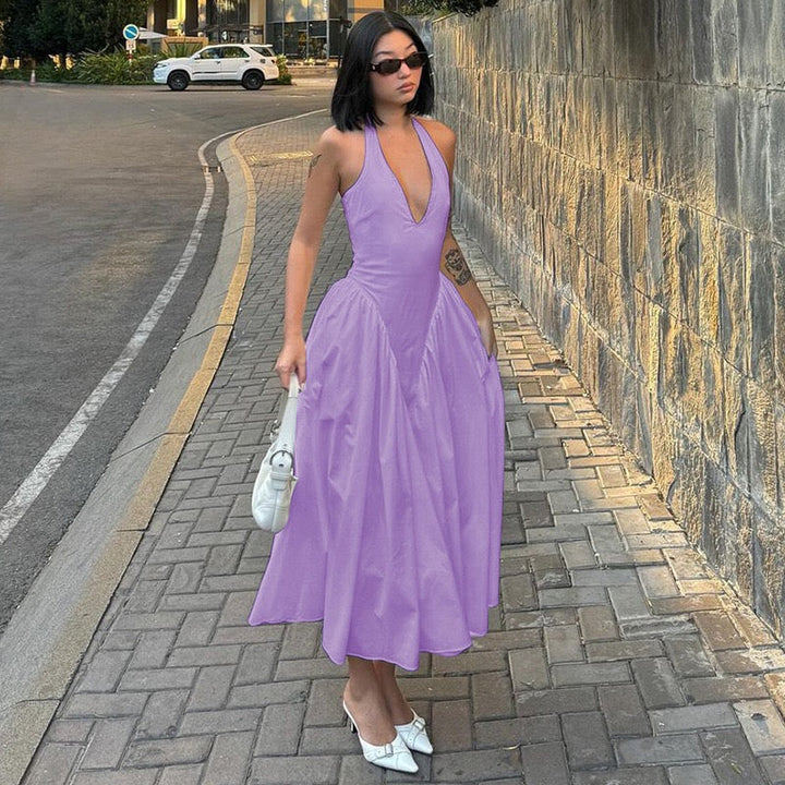 AMALIYA A-line maxi dress with a neck tie and open back