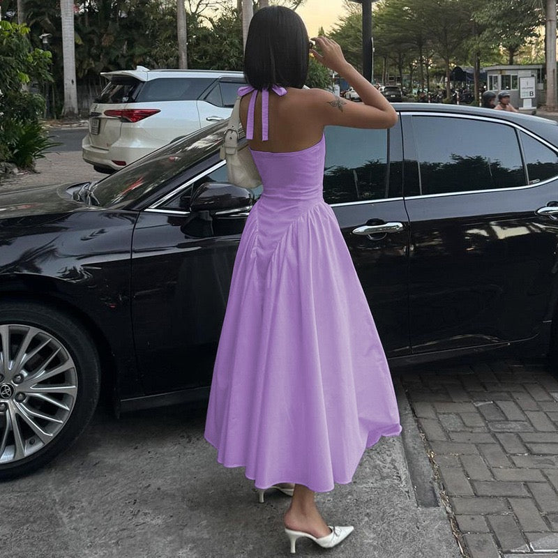 AMALIYA A-line maxi dress with a neck tie and open back
