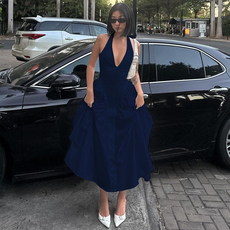 AMALIYA A-line maxi dress with a neck tie and open back