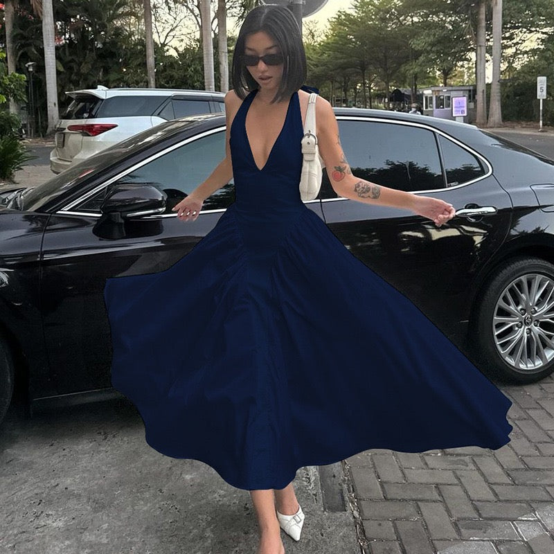 AMALIYA A-line maxi dress with a neck tie and open back