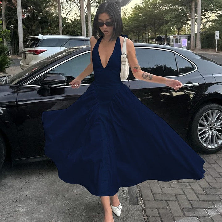 AMALIYA A-line maxi dress with a neck tie and open back