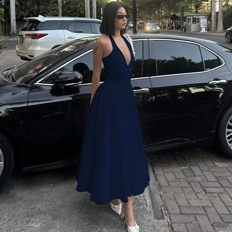 AMALIYA A-line maxi dress with a neck tie and open back