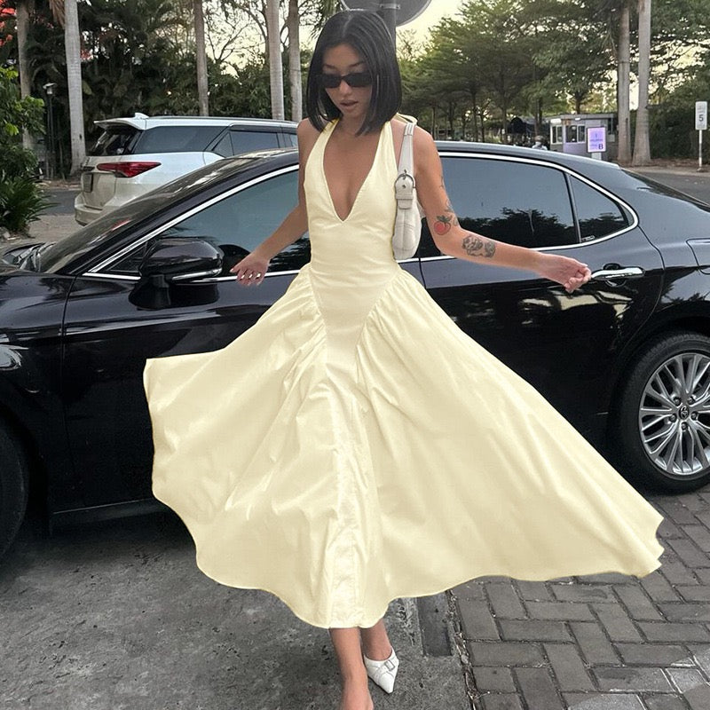 AMALIYA A-line maxi dress with a neck tie and open back