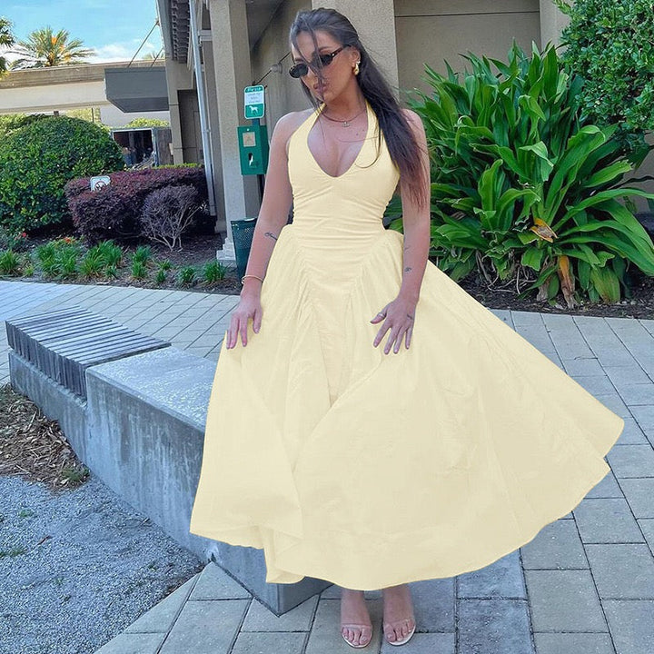 AMALIYA A-line maxi dress with a neck tie and open back