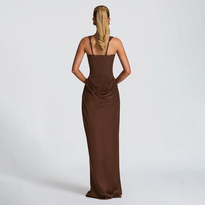 Maxi dress with satin pleats and a tie-back bodice for fastening at the waist - Loiana
