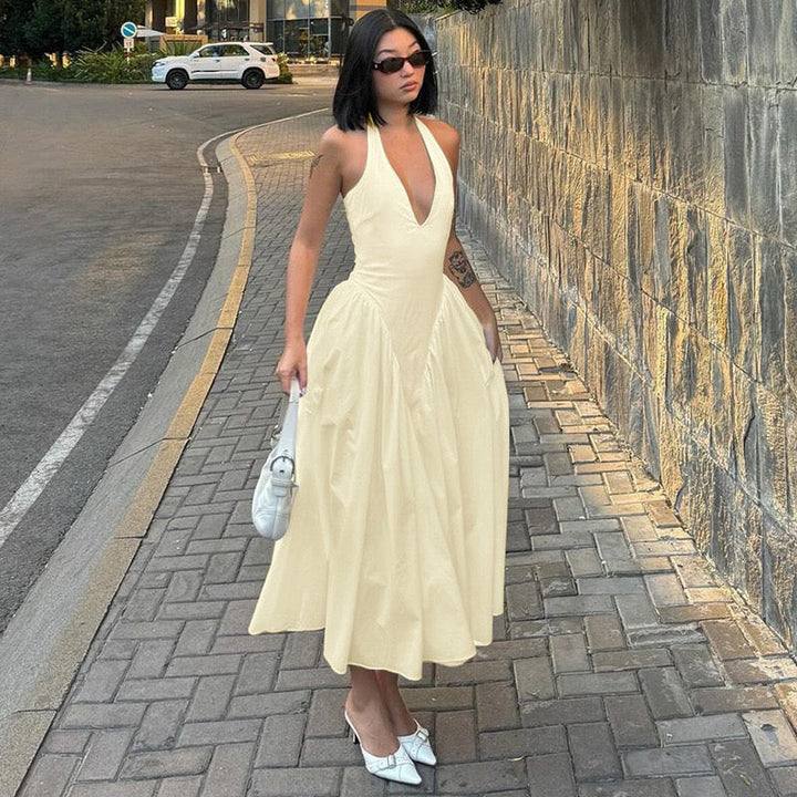 AMALIYA A-line maxi dress with a neck tie and open back
