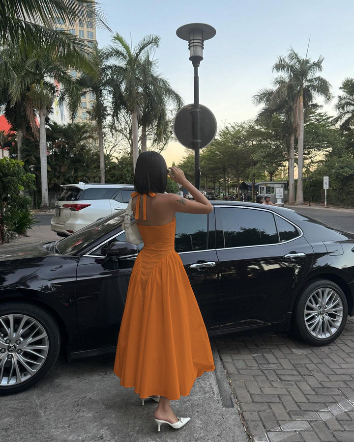 AMALIYA A-line maxi dress with a neck tie and open back