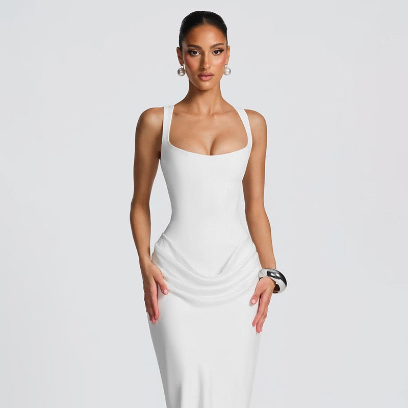 Maxi dress with satin pleats and a tie-back bodice for fastening at the waist - Loiana