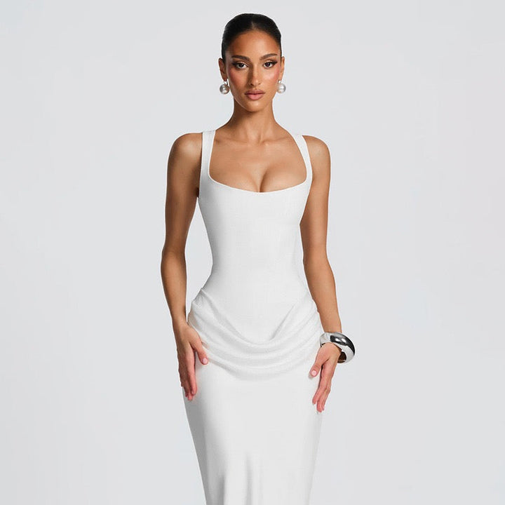 Maxi dress with satin pleats and a tie-back bodice for fastening at the waist - Loiana