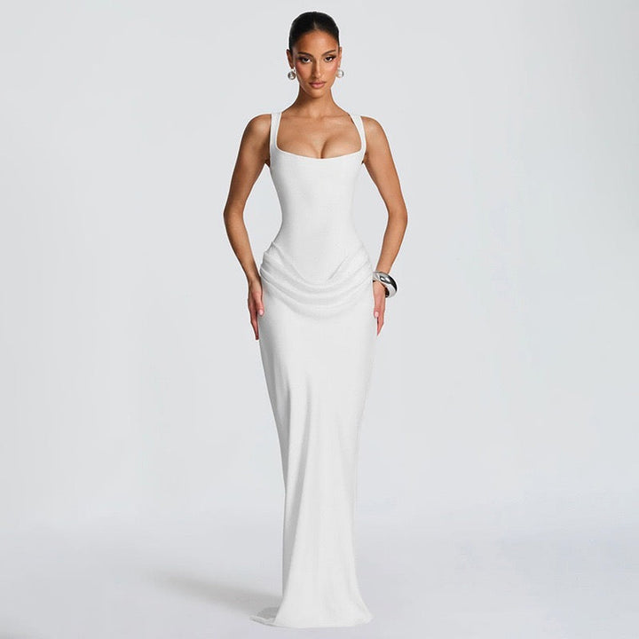 Maxi dress with satin pleats and a tie-back bodice for fastening at the waist - Loiana