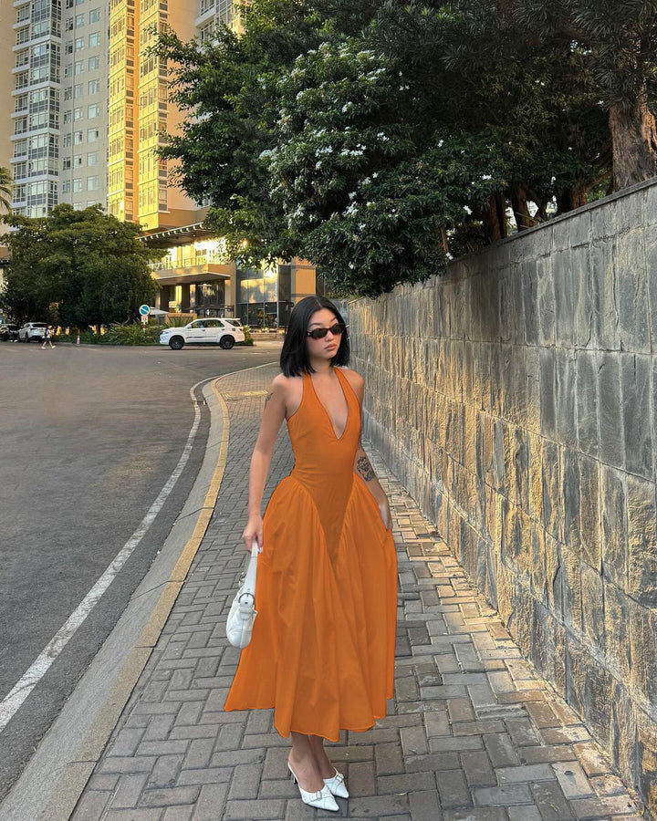AMALIYA A-line maxi dress with a neck tie and open back