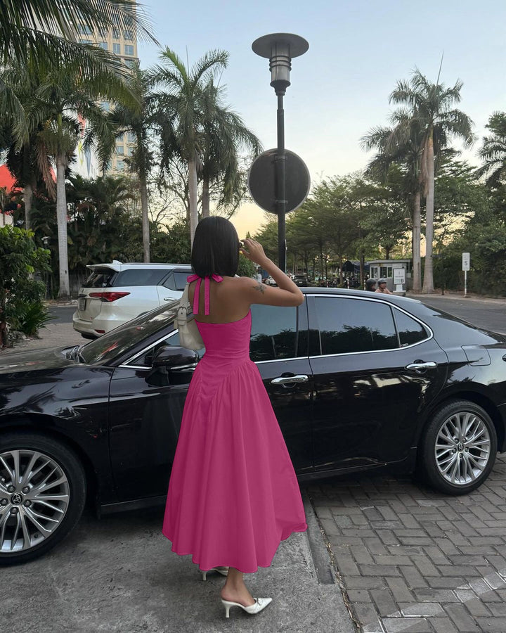 AMALIYA A-line maxi dress with a neck tie and open back