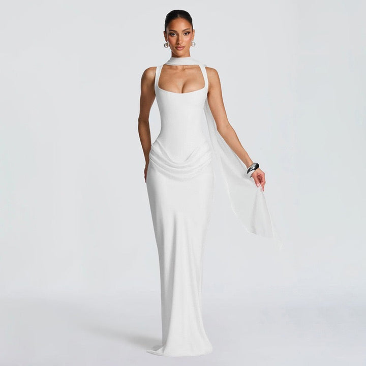 Maxi dress with satin pleats and a tie-back bodice for fastening at the waist - Loiana