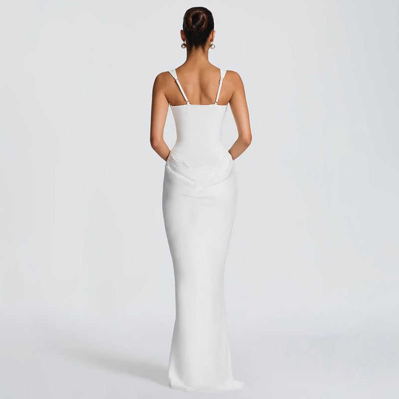 Maxi dress with satin pleats and a tie-back bodice for fastening at the waist - Loiana